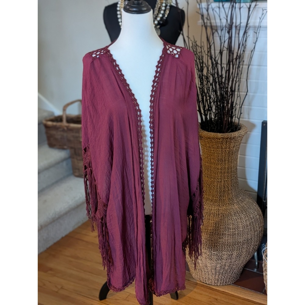Boho Burgundy Fringe Kimono Cardigan Open Front Crochet Mandala Back One Size